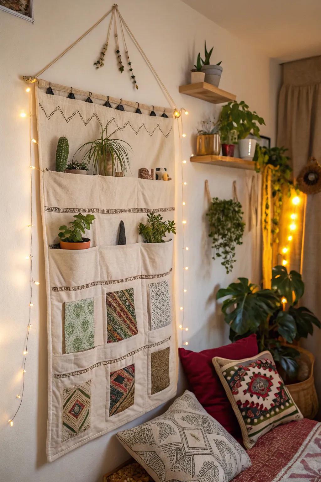 Textile wall hangings are both decorative and practical.