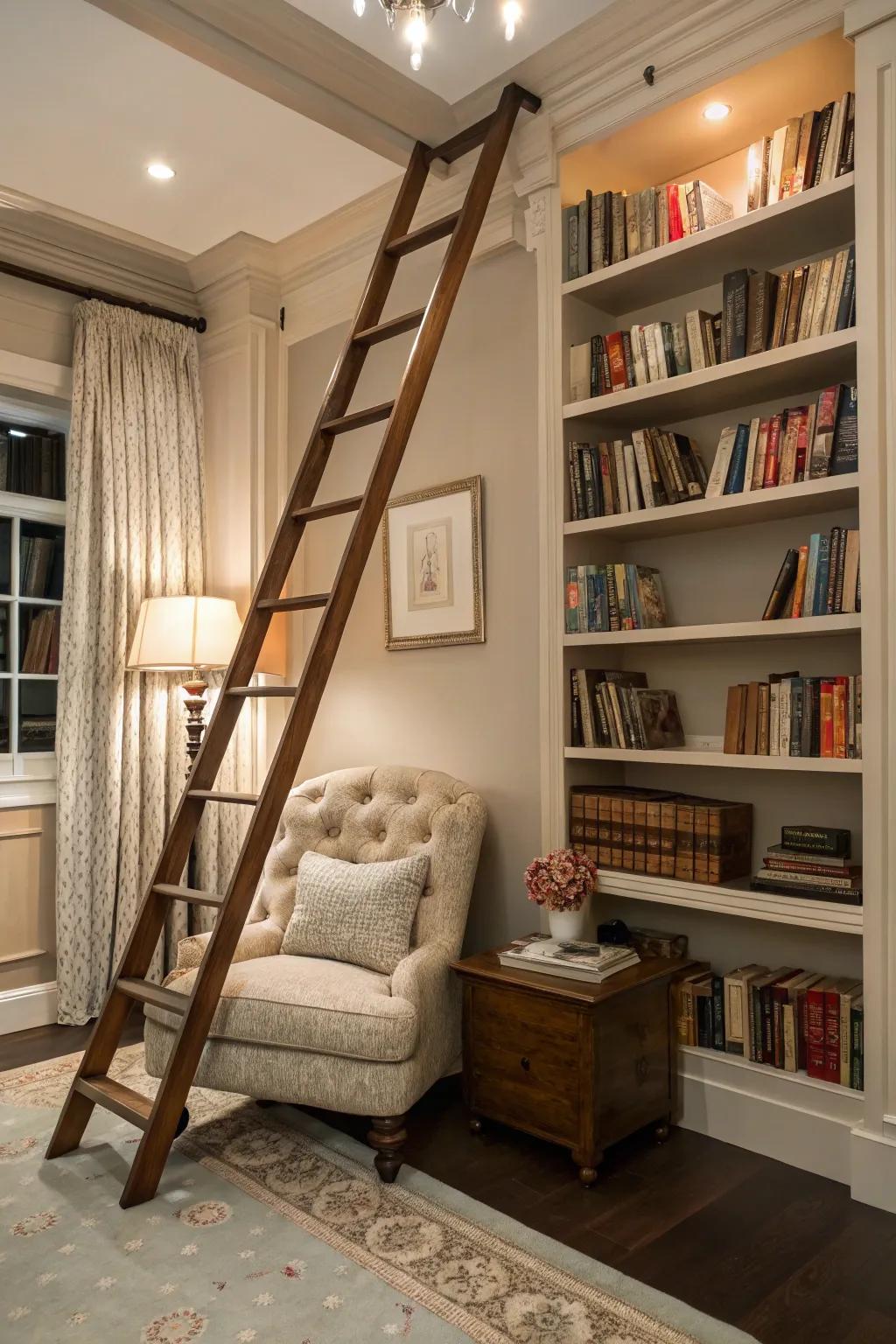 A book nook with a library ladder for an elegant and practical touch.