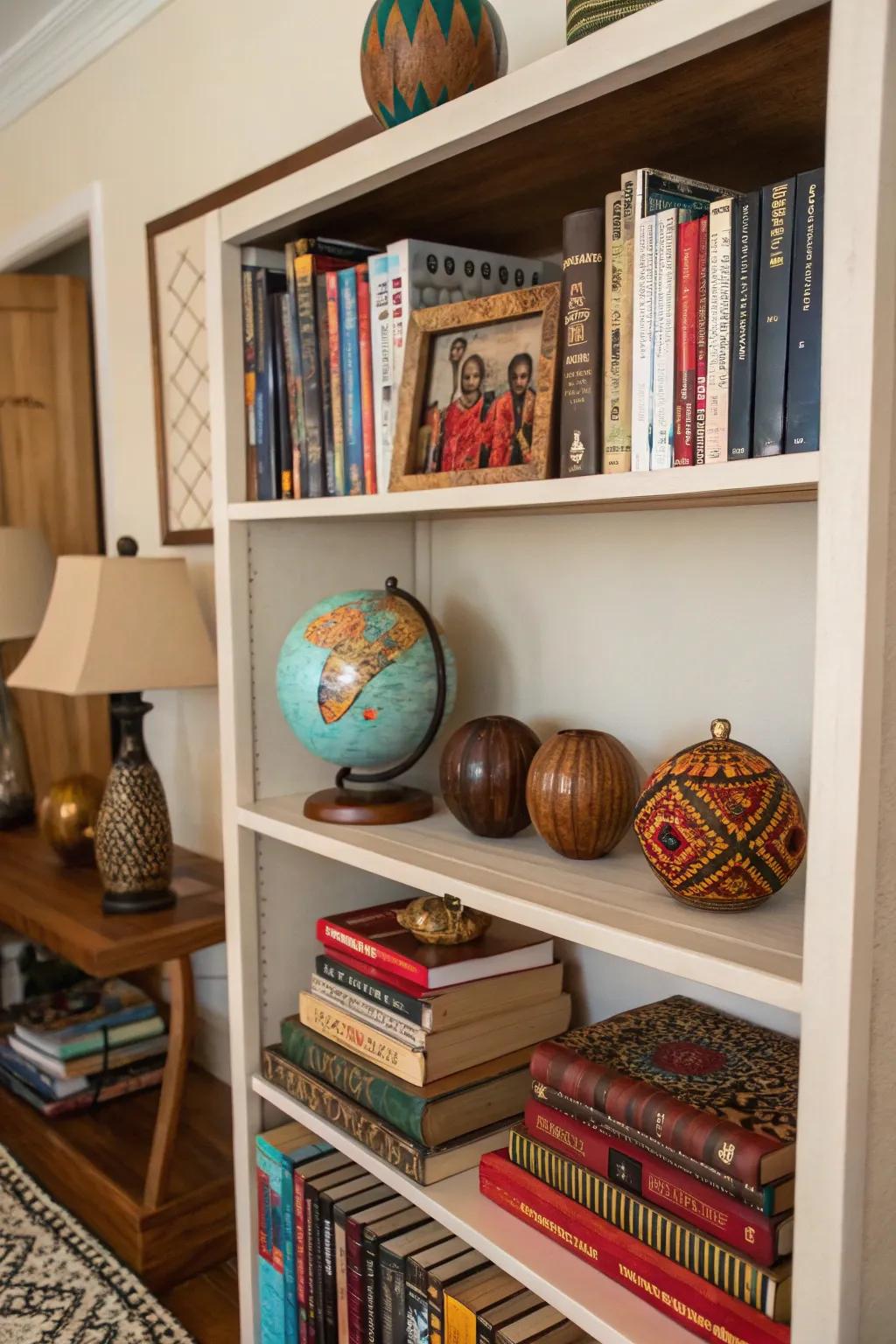 A bookshelf that tells stories of travels and showcases global treasures.