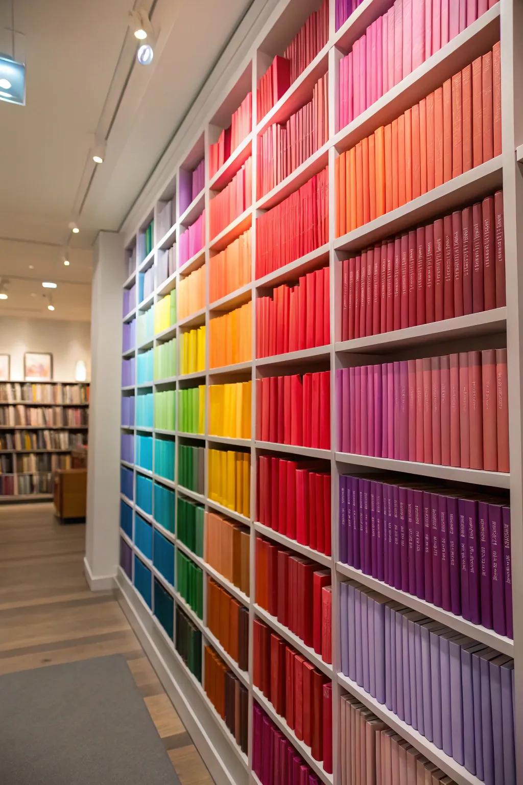 Color-coded books for a vibrant display.