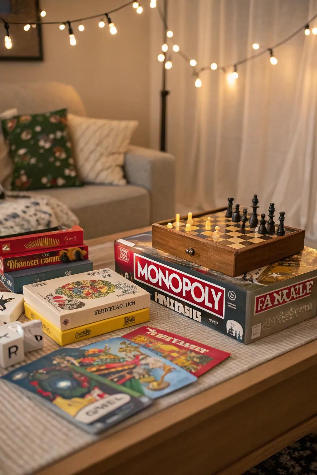 A table filled with board games for a fun Boxing Day game night.