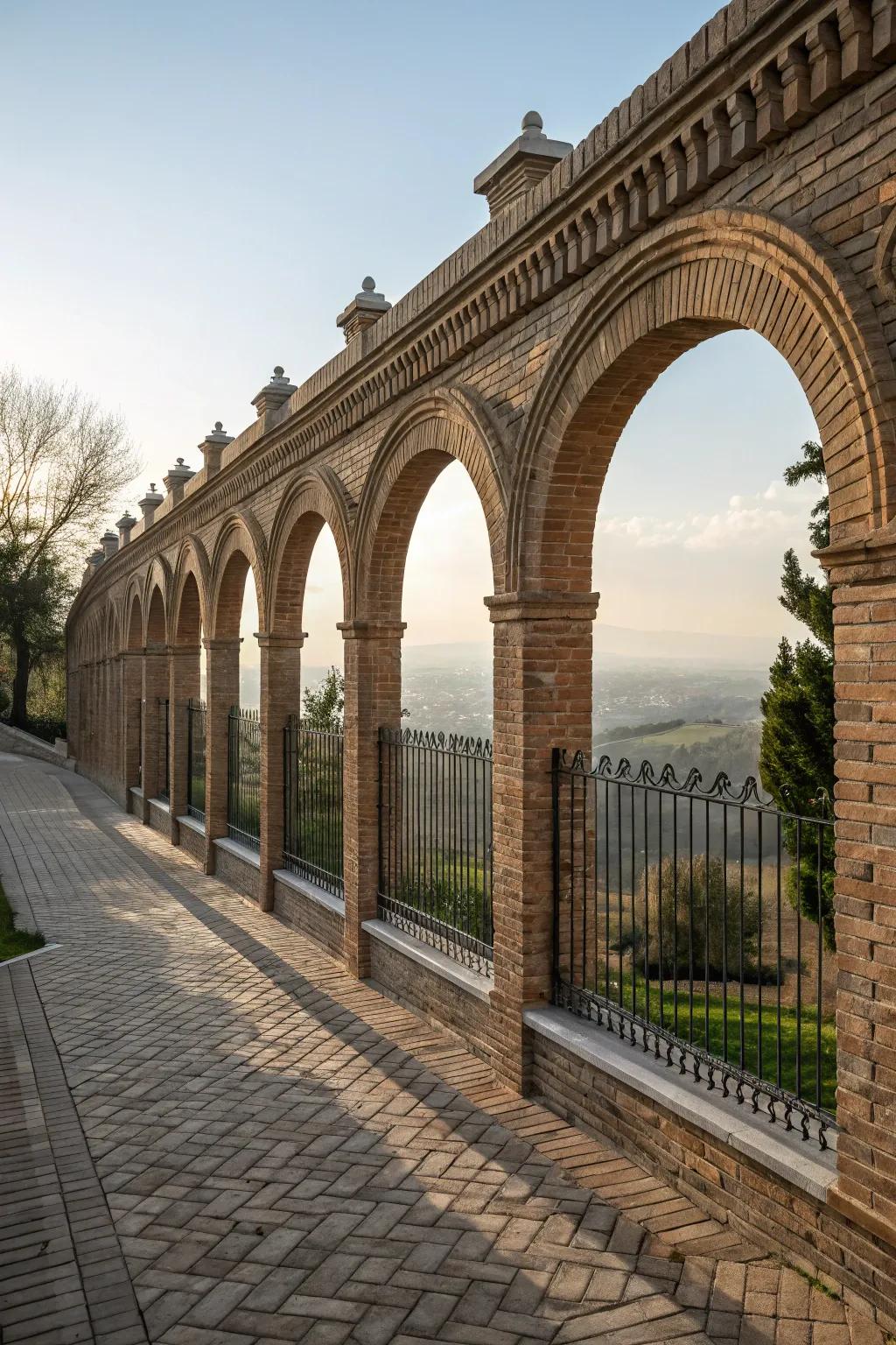 Archways add grandeur and openness to brick fences.