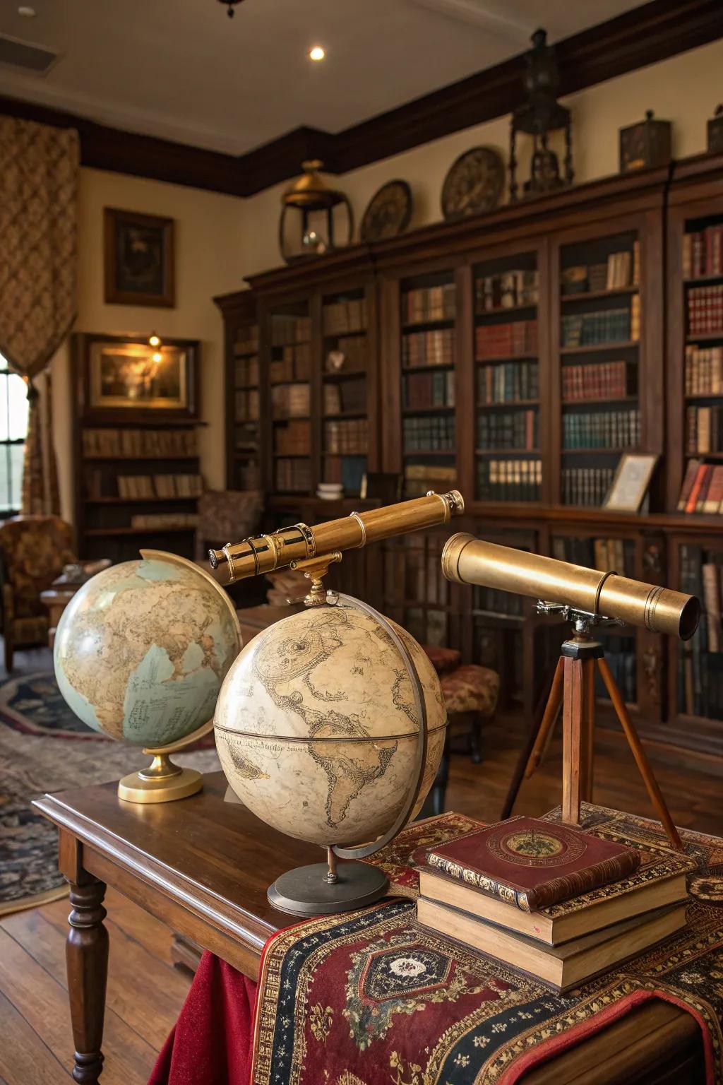 Globes and telescopes add intellectual elegance.