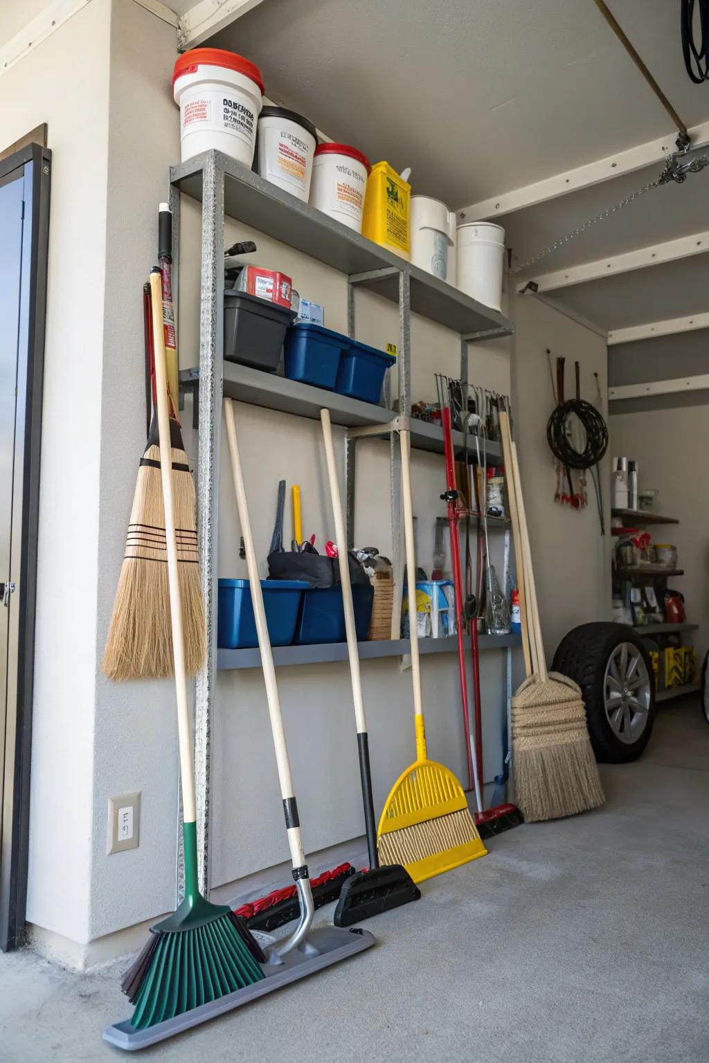 Corner shelves efficiently use space for cleaning tool storage.