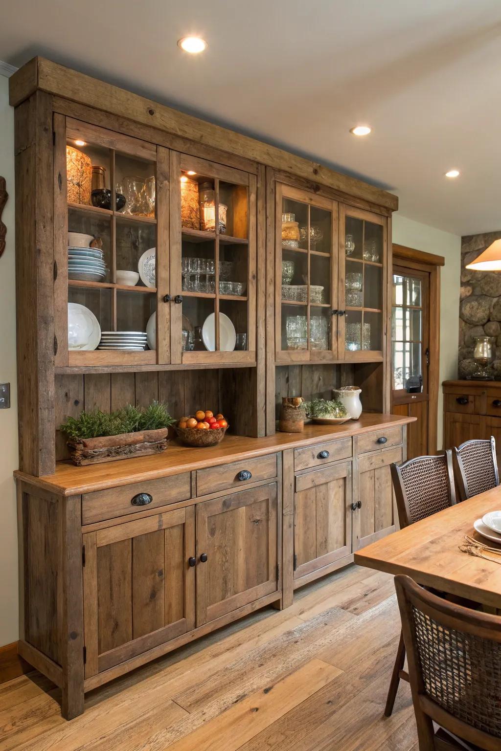 Natural and sustainable reclaimed wood used in built-in cabinets.