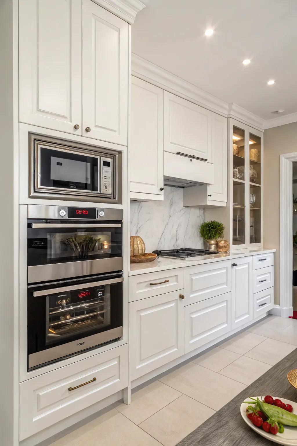 An organized appliance wall with a microwave and wall oven.