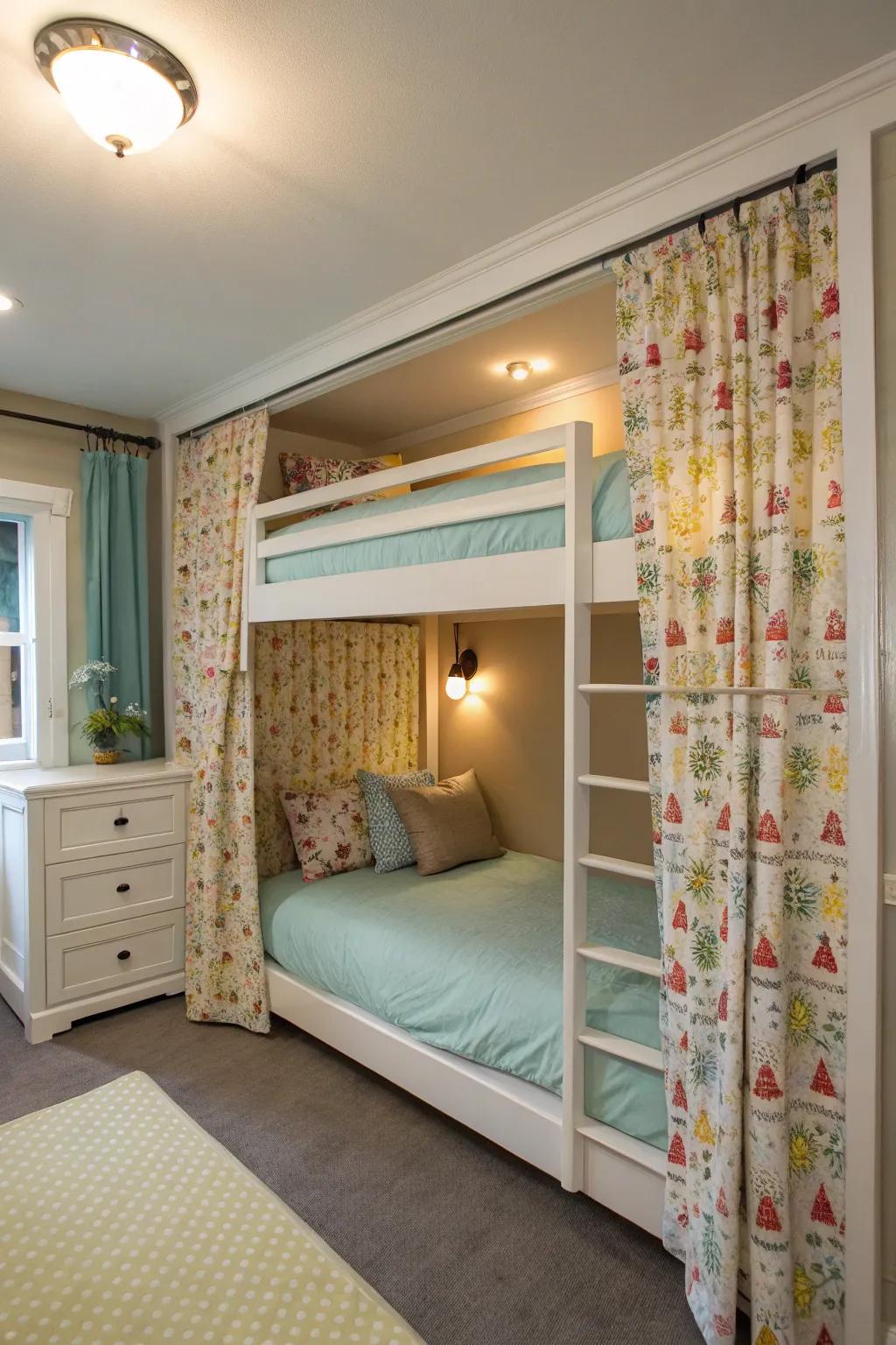 Whimsical curtain dividers add privacy and magic to bunk beds.