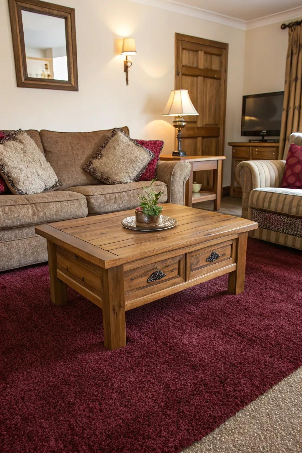 Wooden elements add warmth and complement a burgundy carpet.