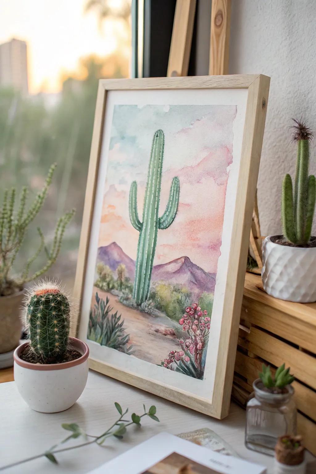 A dreamy cactus painting with watercolor effects.