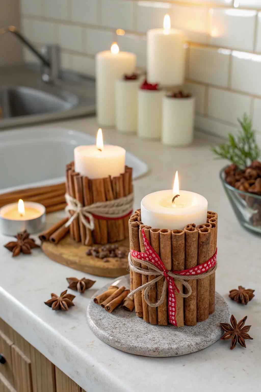 Cozy aroma with cinnamon stick-wrapped candles.