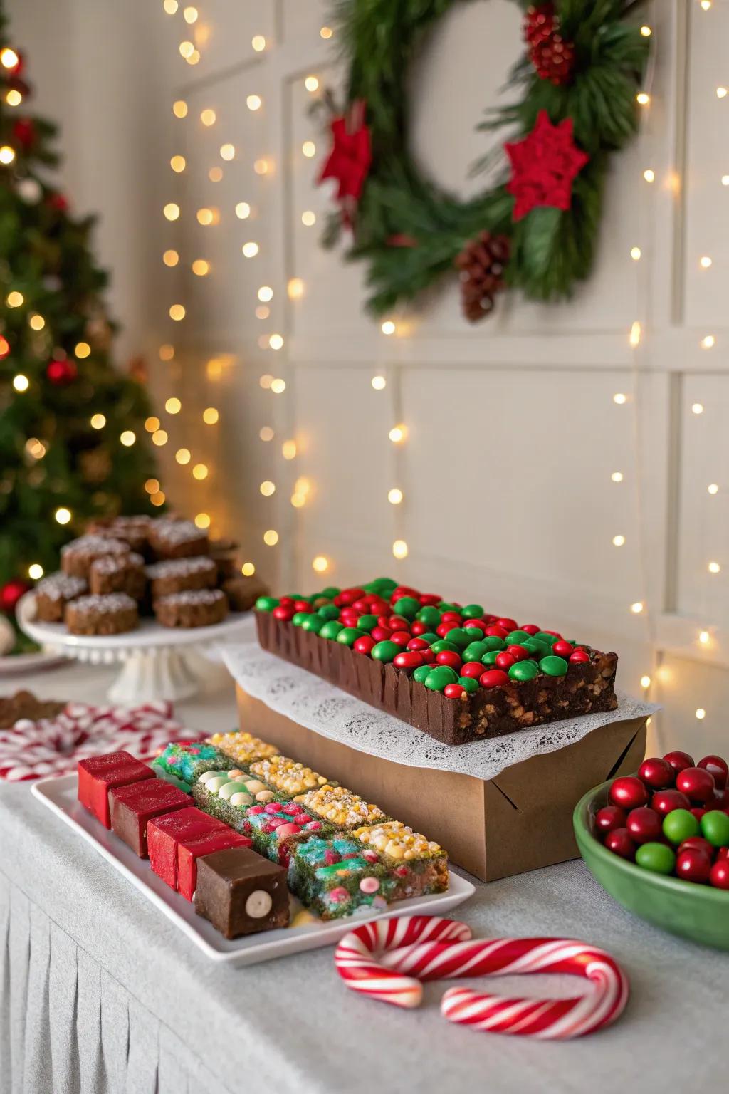 Festive holiday candy bar with colorful treats and seasonal charm.