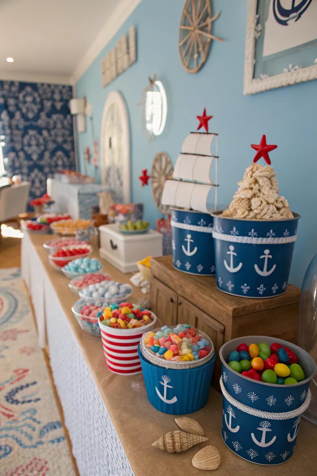 Nautical buckets enhancing the theme of the candy table