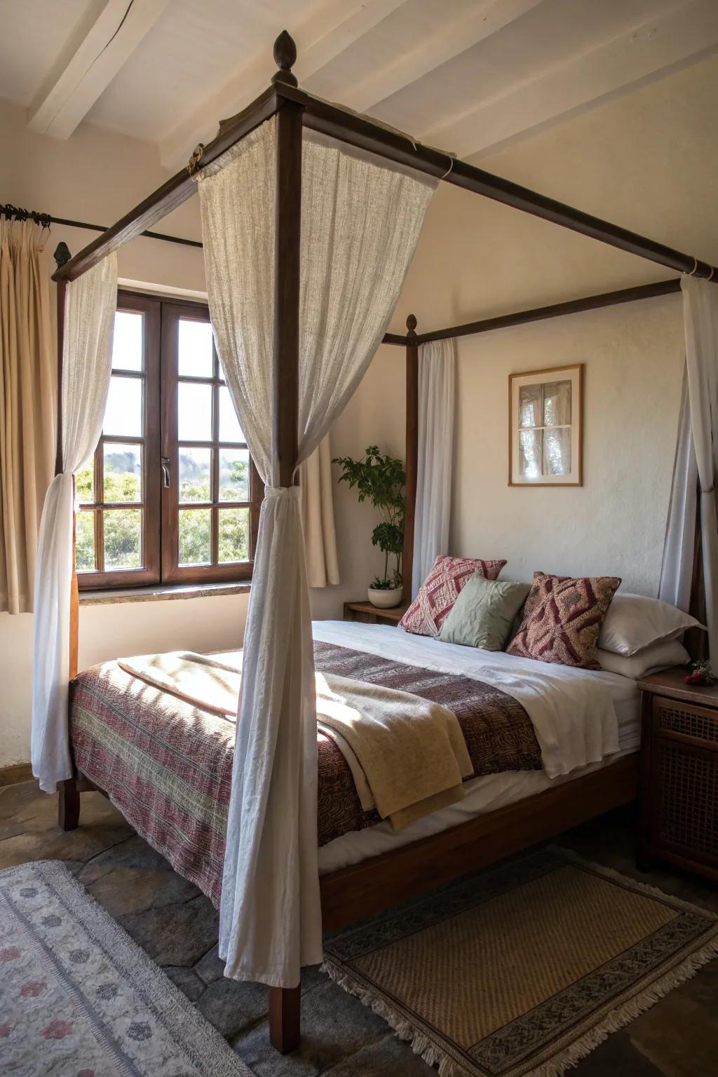 Positioning a canopy bed with a window view enhances space.