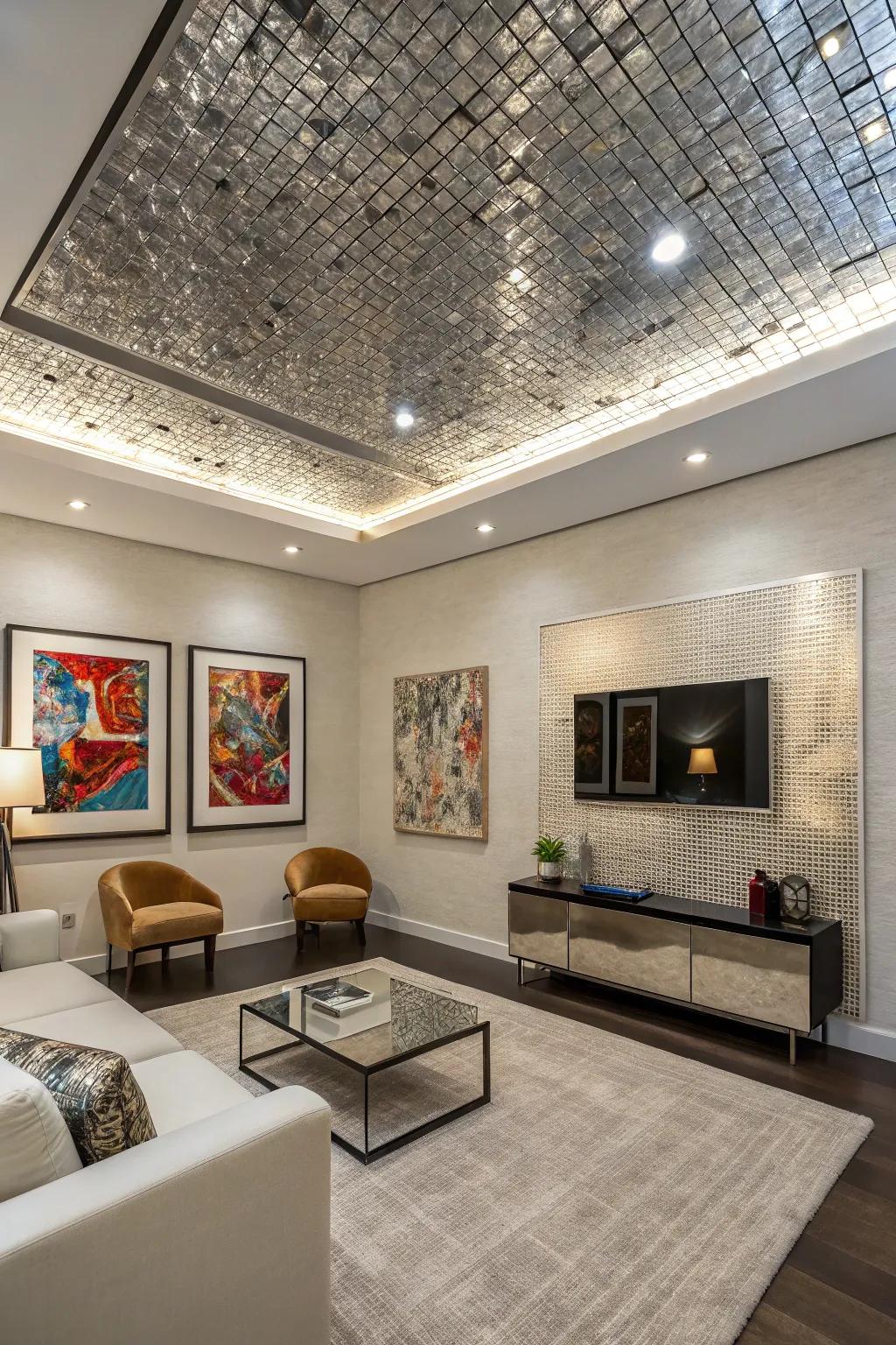 A modern room with reflective mosaic ceiling tiles.