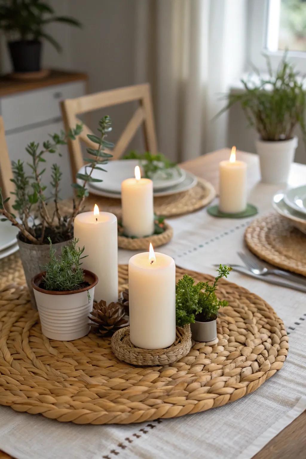 Textured charm with a woven placemat centerpiece base.