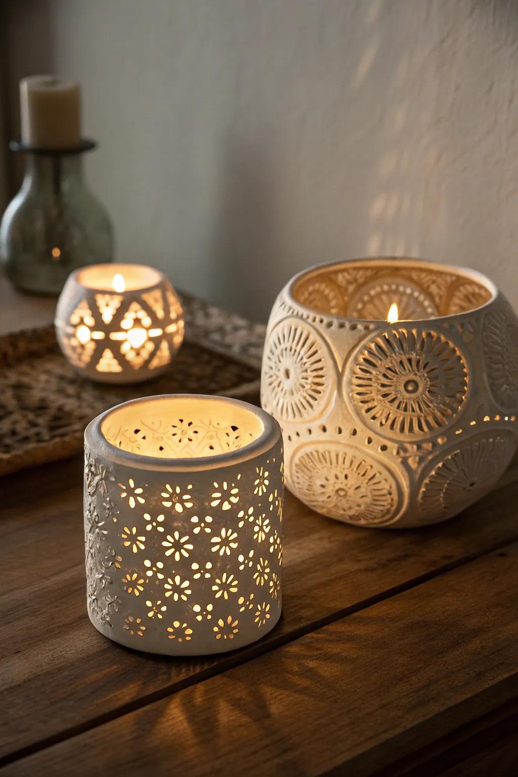 Intricate candle holders create a cozy atmosphere.