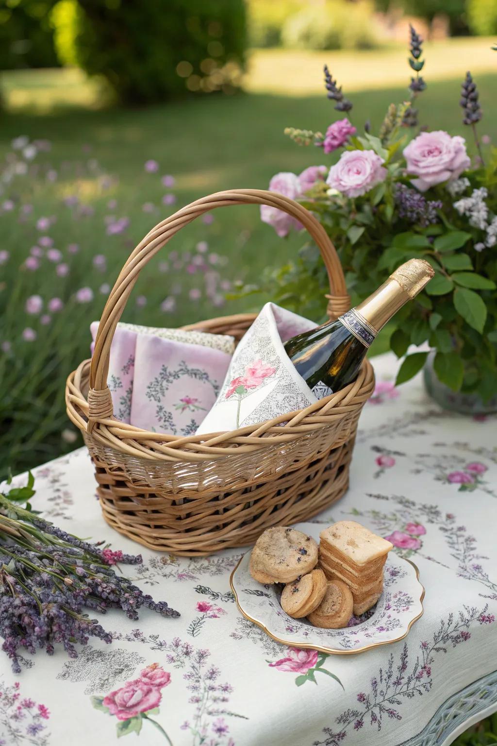 Garden party with lavender shortbread and floral-themed napkins.