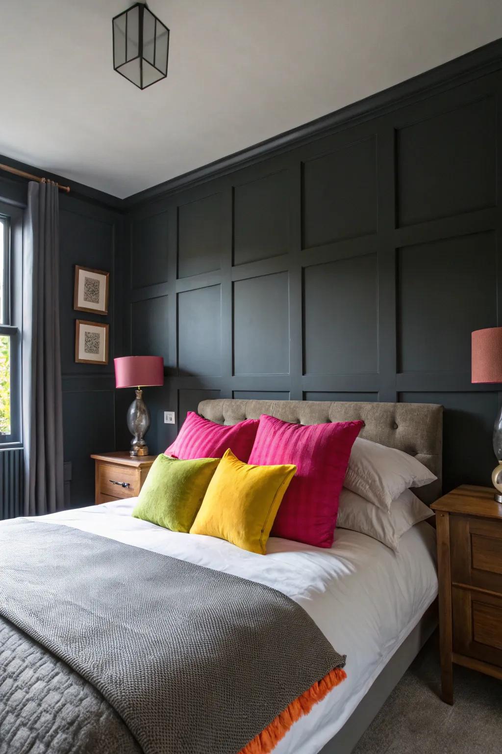 Bright accents energize a charcoal-themed bedroom.