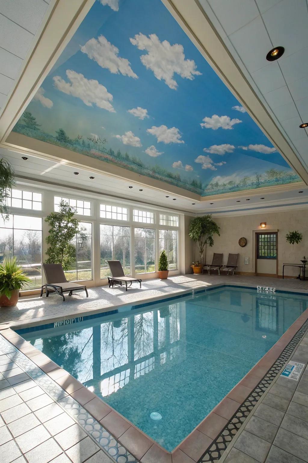 A ceiling mural adds a whimsical touch to your pool area.