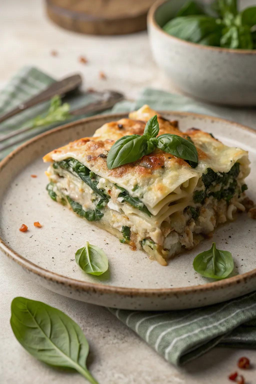 Chicken and spinach lasagna, a hearty family favorite.