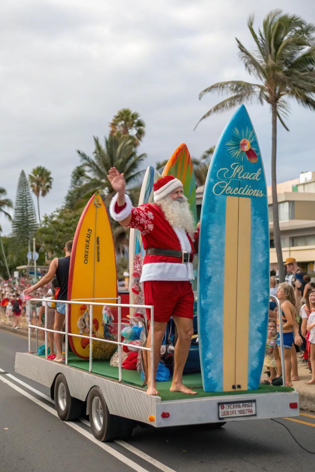 Australian Beach Christmas float with surfboards and warm vibes.