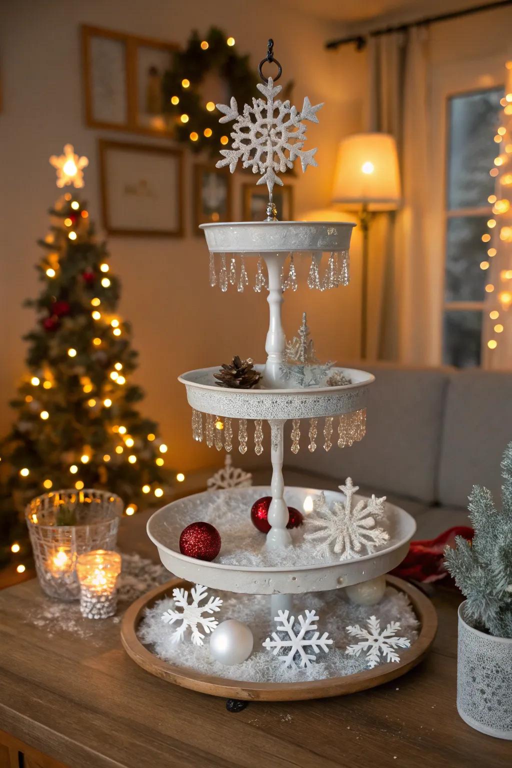 A sparkling winter wonderland on a tiered tray.