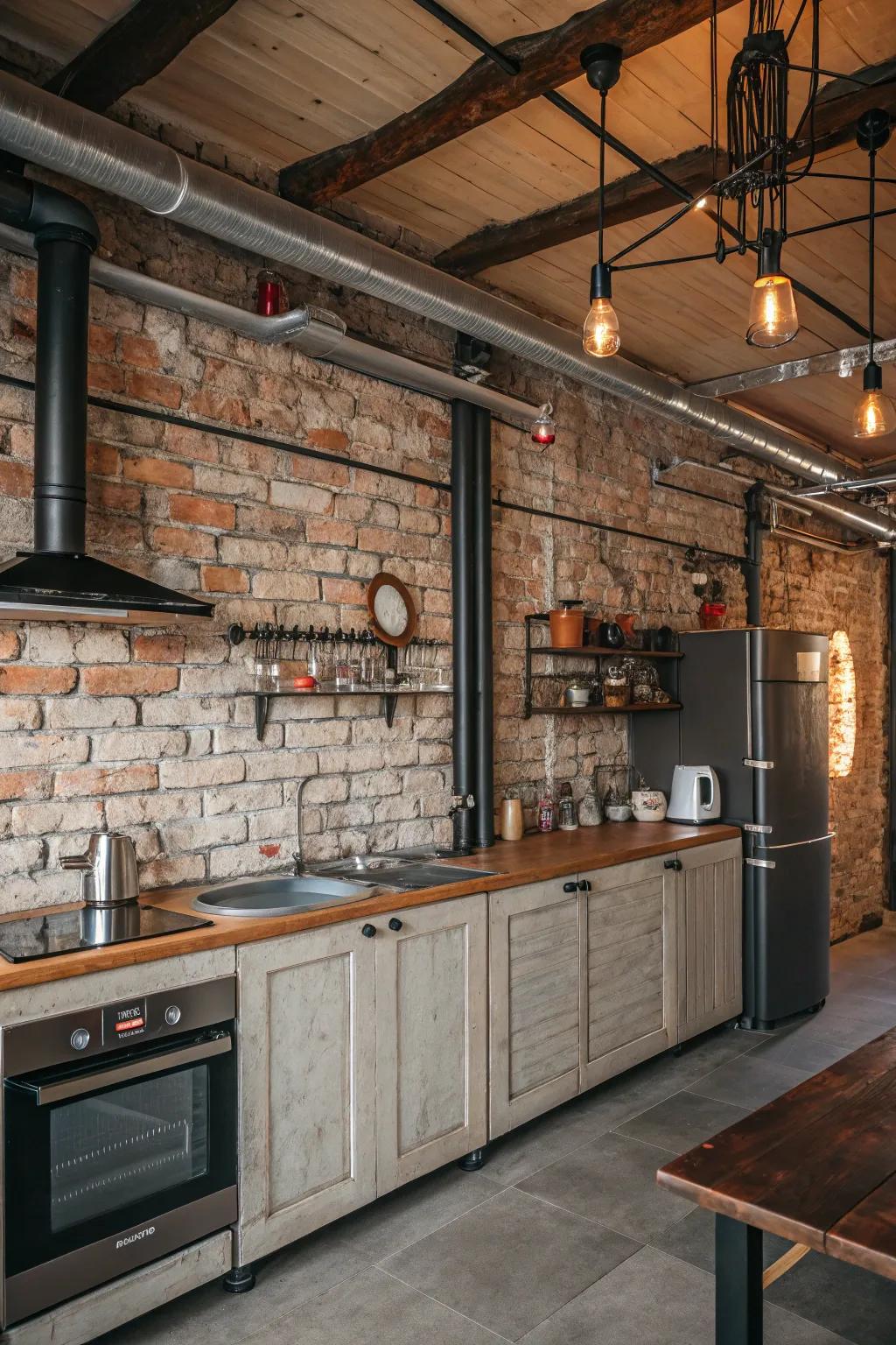 Vintage brick backsplash adds rustic charm to this kitchen.