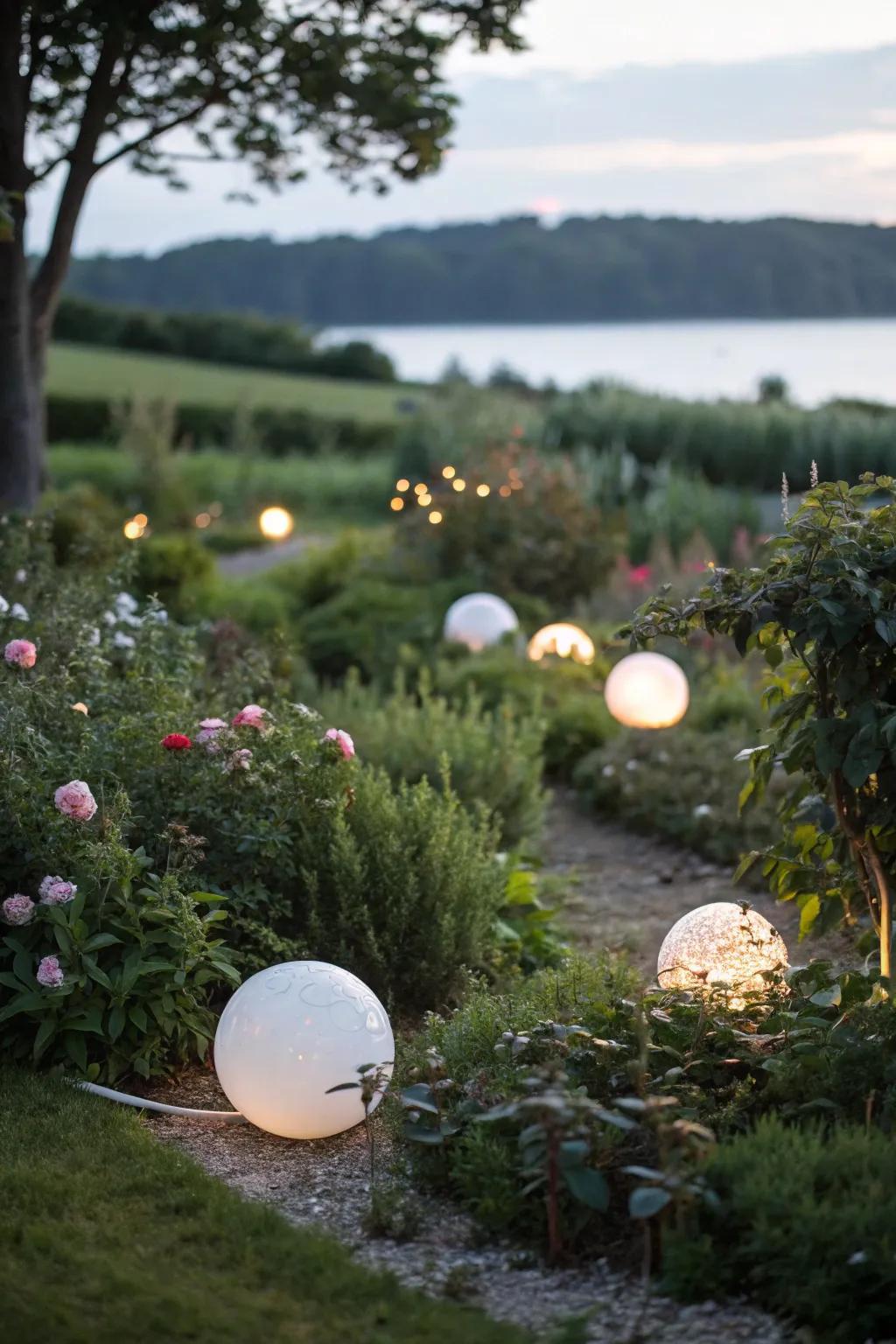 Whimsical garden with floating light orbs.