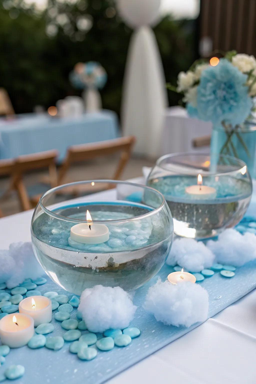 Floating candles create a serene ambiance, reminiscent of clouds on a gentle lake.