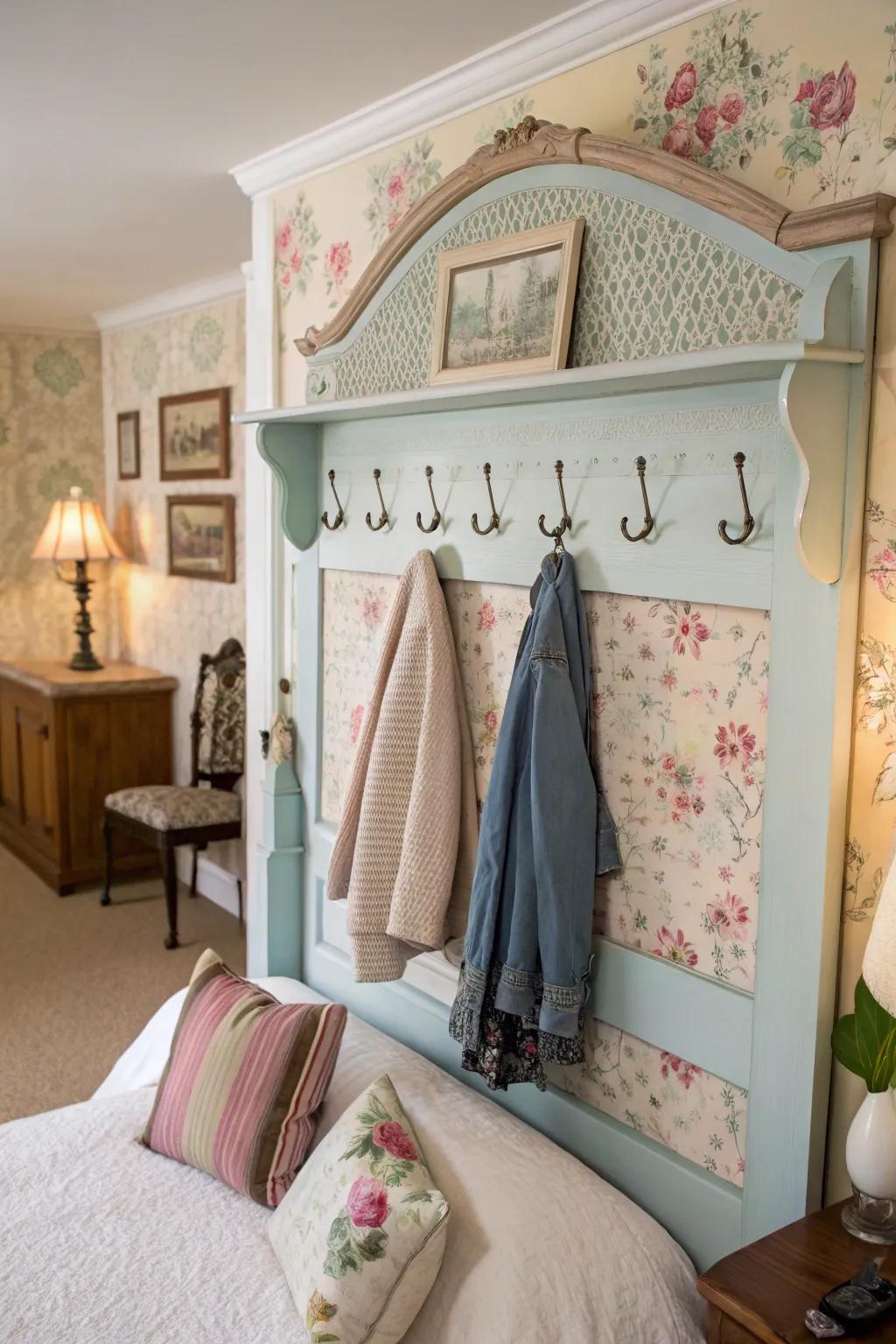 An upcycled headboard now serves as a unique coat rack in this vintage-inspired space.