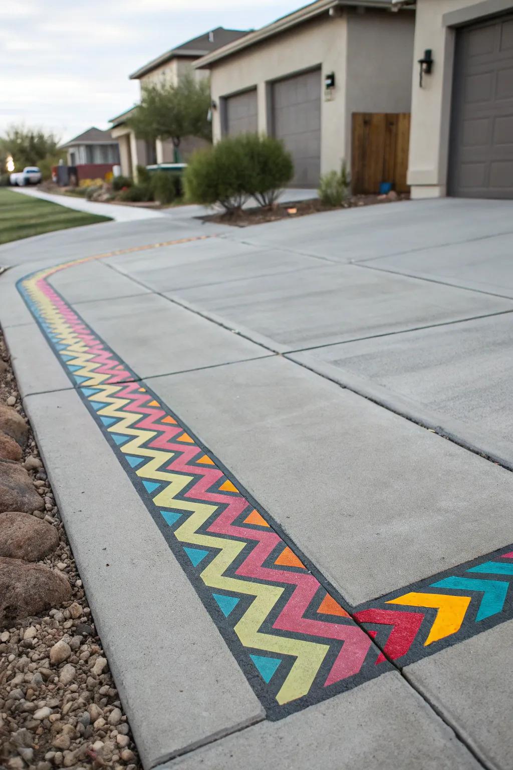 A vibrant border that enhances the overall design of this driveway.