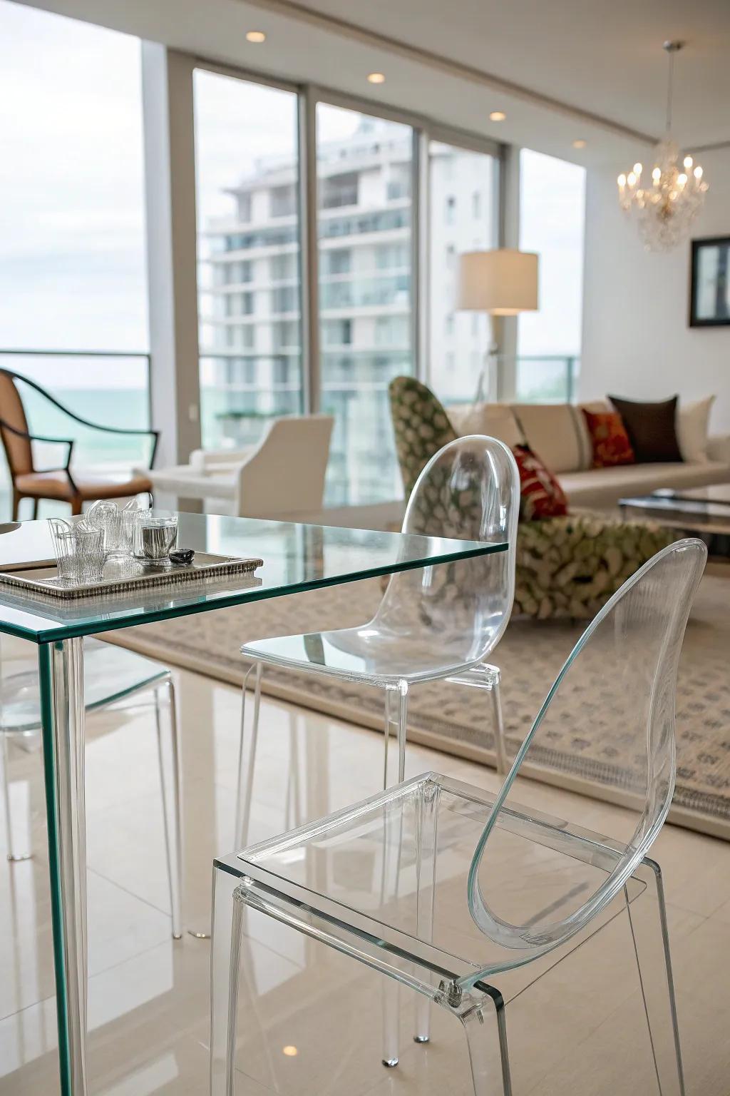 Transparent furniture enhances openness and flow.
