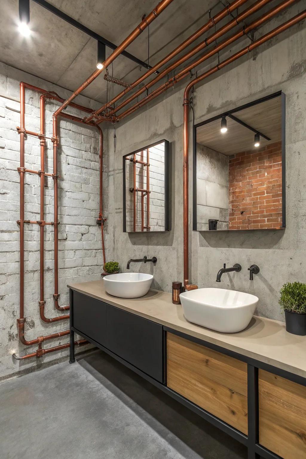 Exposed copper pipes add an industrial edge to bathroom design.