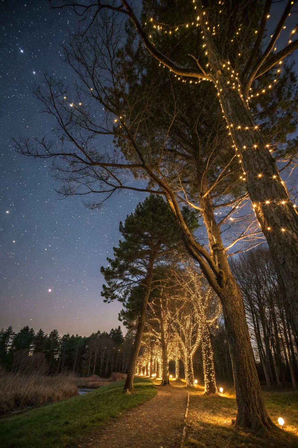 A dreamy firefly effect created by small LED lights in trees.