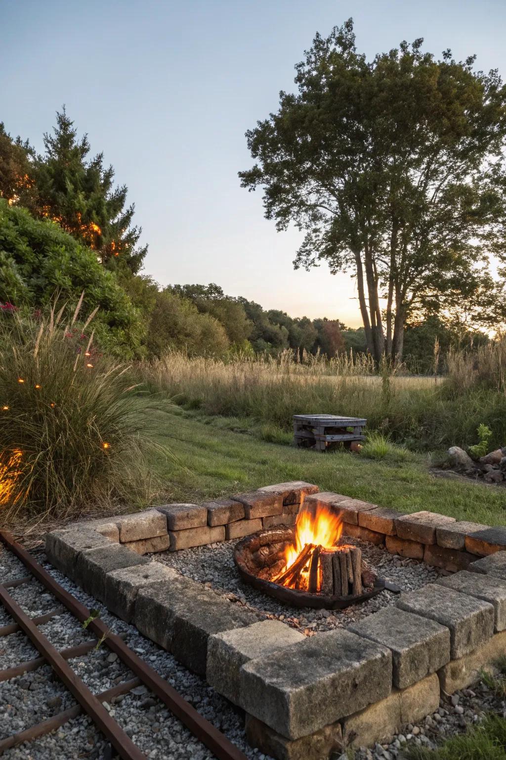 Railroad ties offer a robust and rustic foundation for your fire pit.