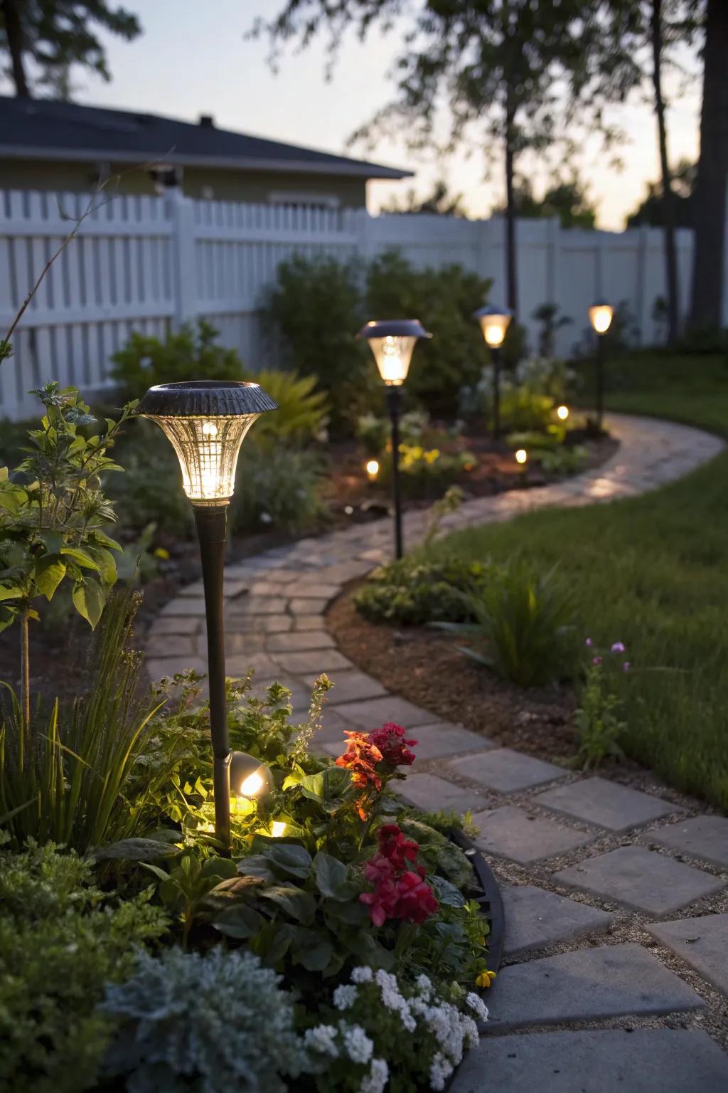 Solar-powered garden stakes illuminate the courtyard plants.