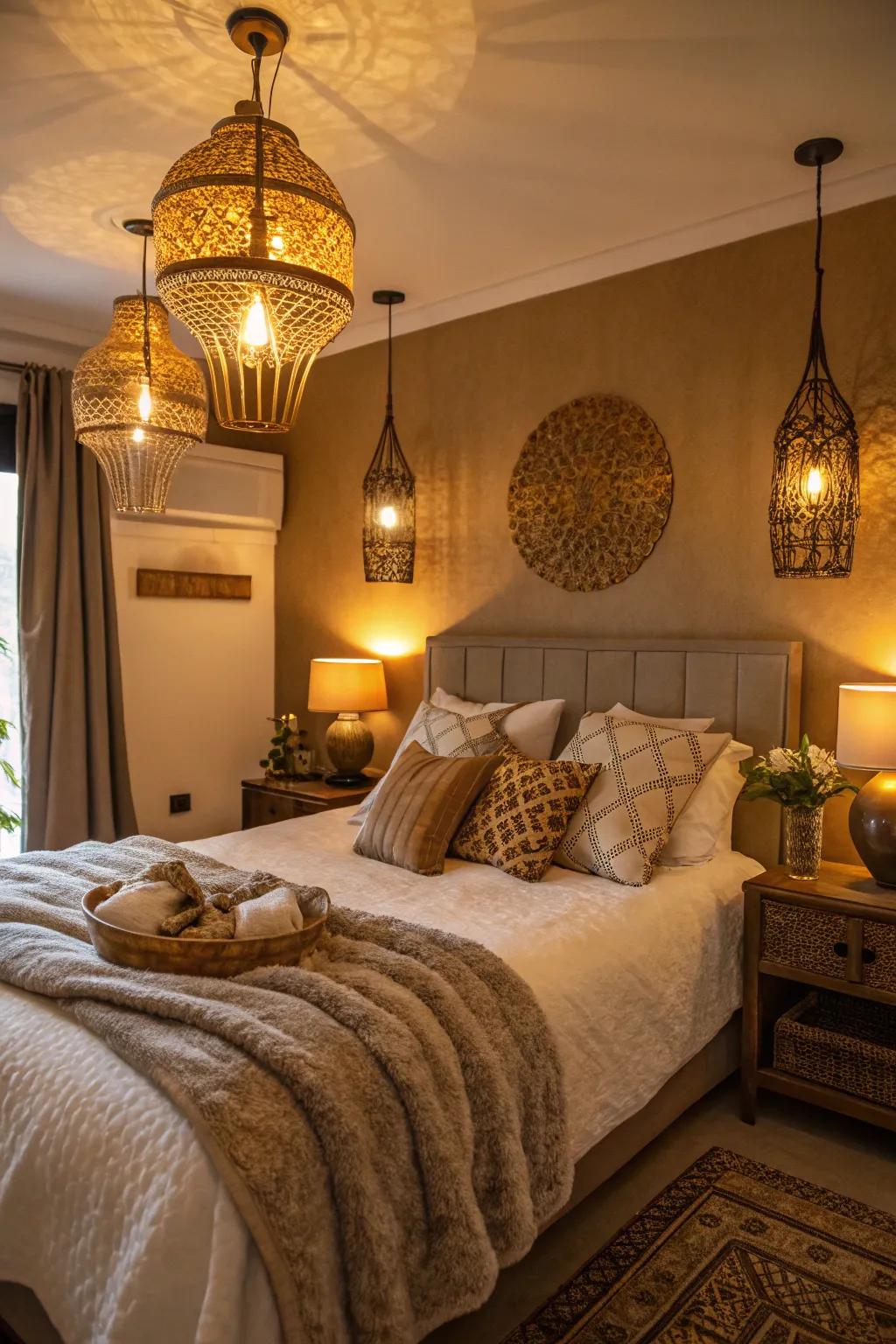 A bedroom illuminated by golden bronze lighting fixtures for a cozy feel.