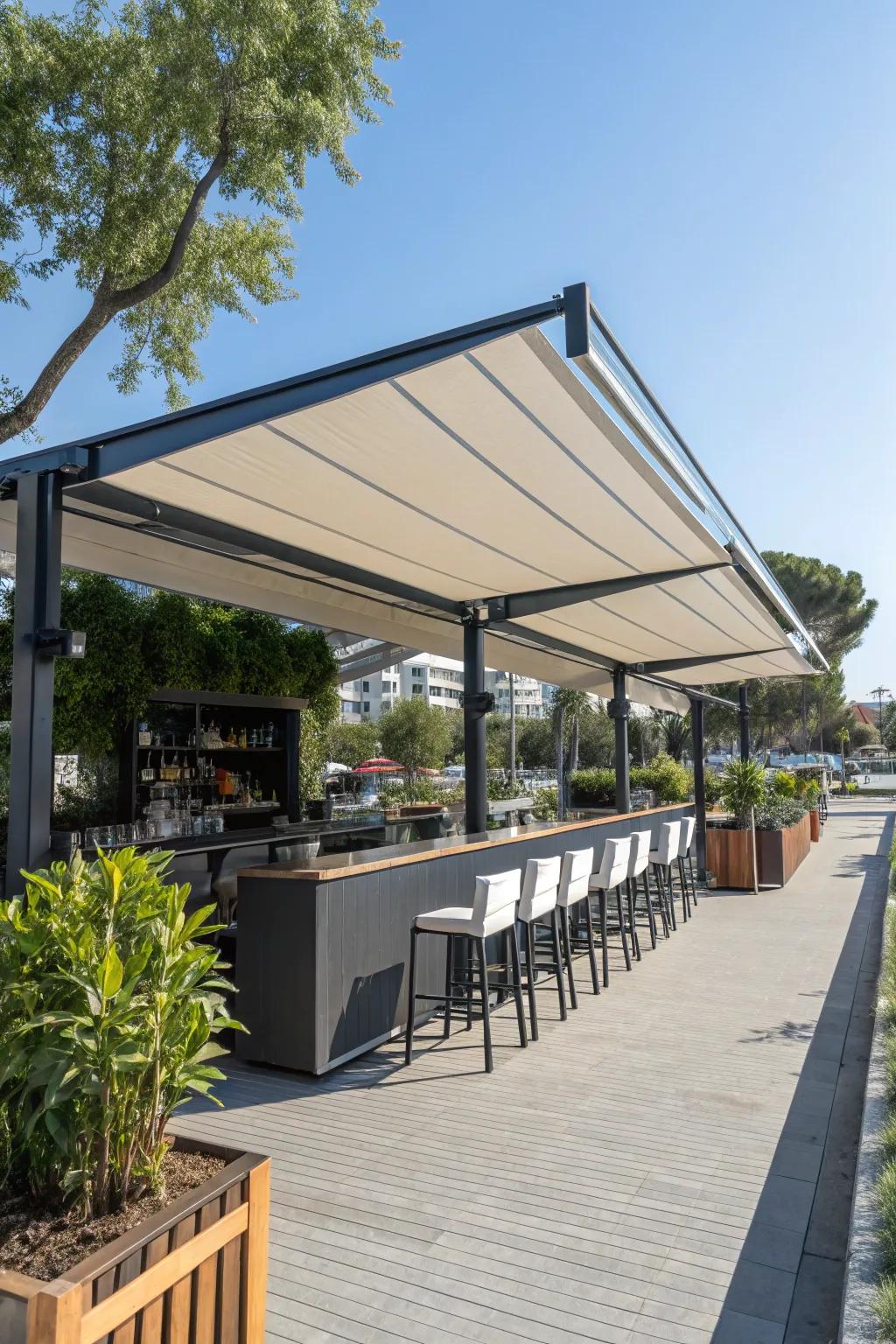 A canopy provides stylish shelter for this outdoor bar.