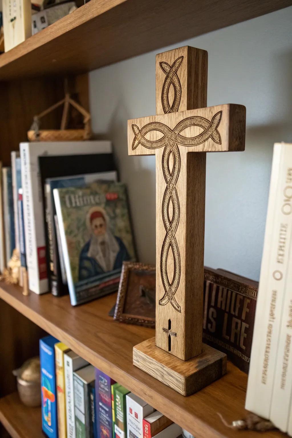 Cross with an ichthus symbol carving