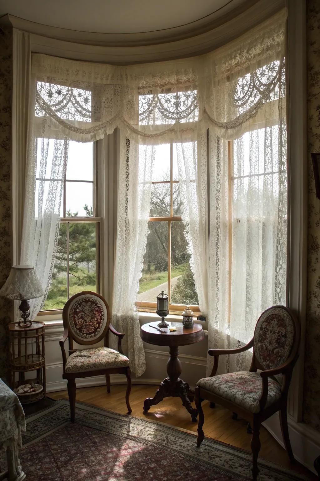 A vintage-inspired curved bay window setting.