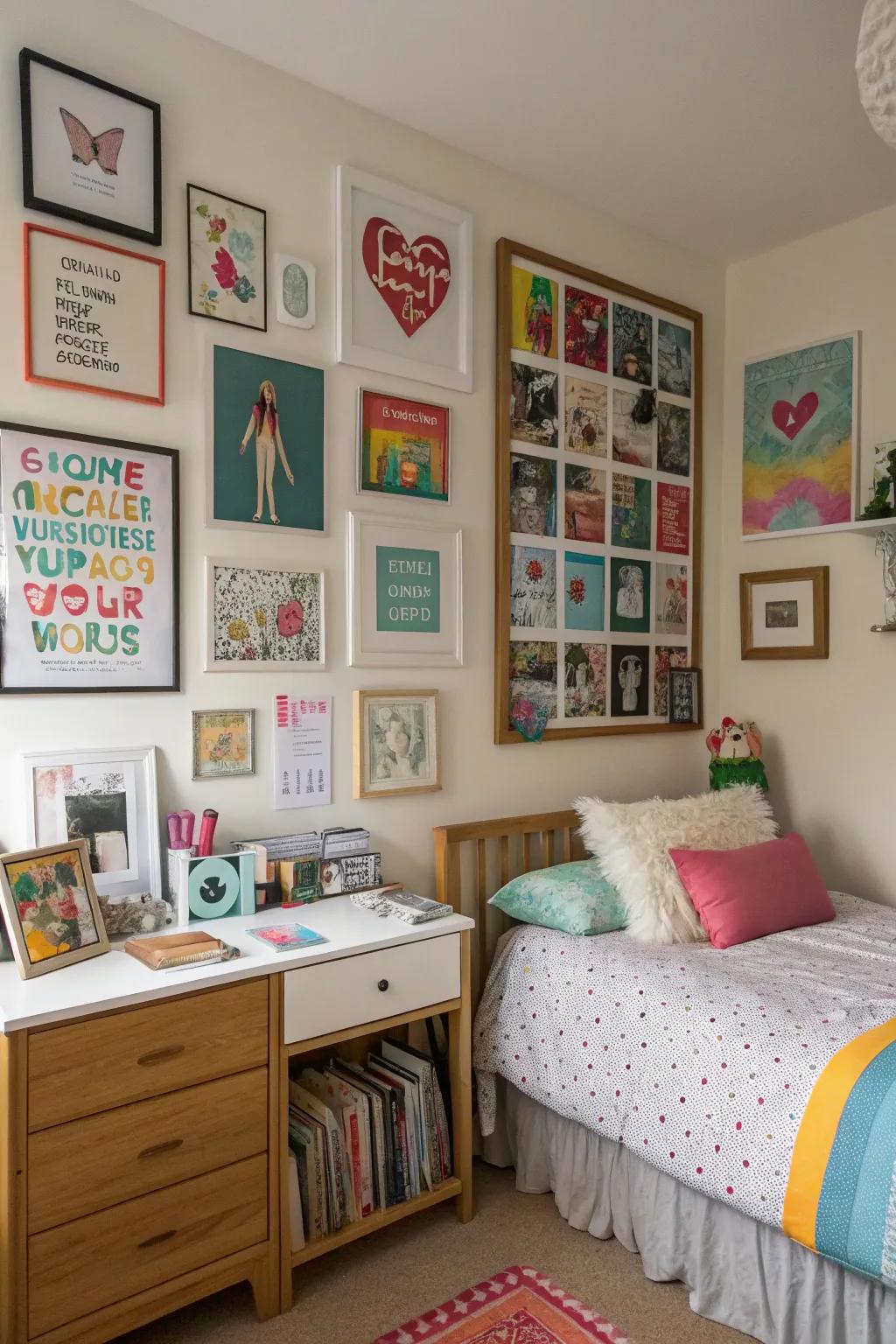 A gallery wall in a teen room for artistic expression.