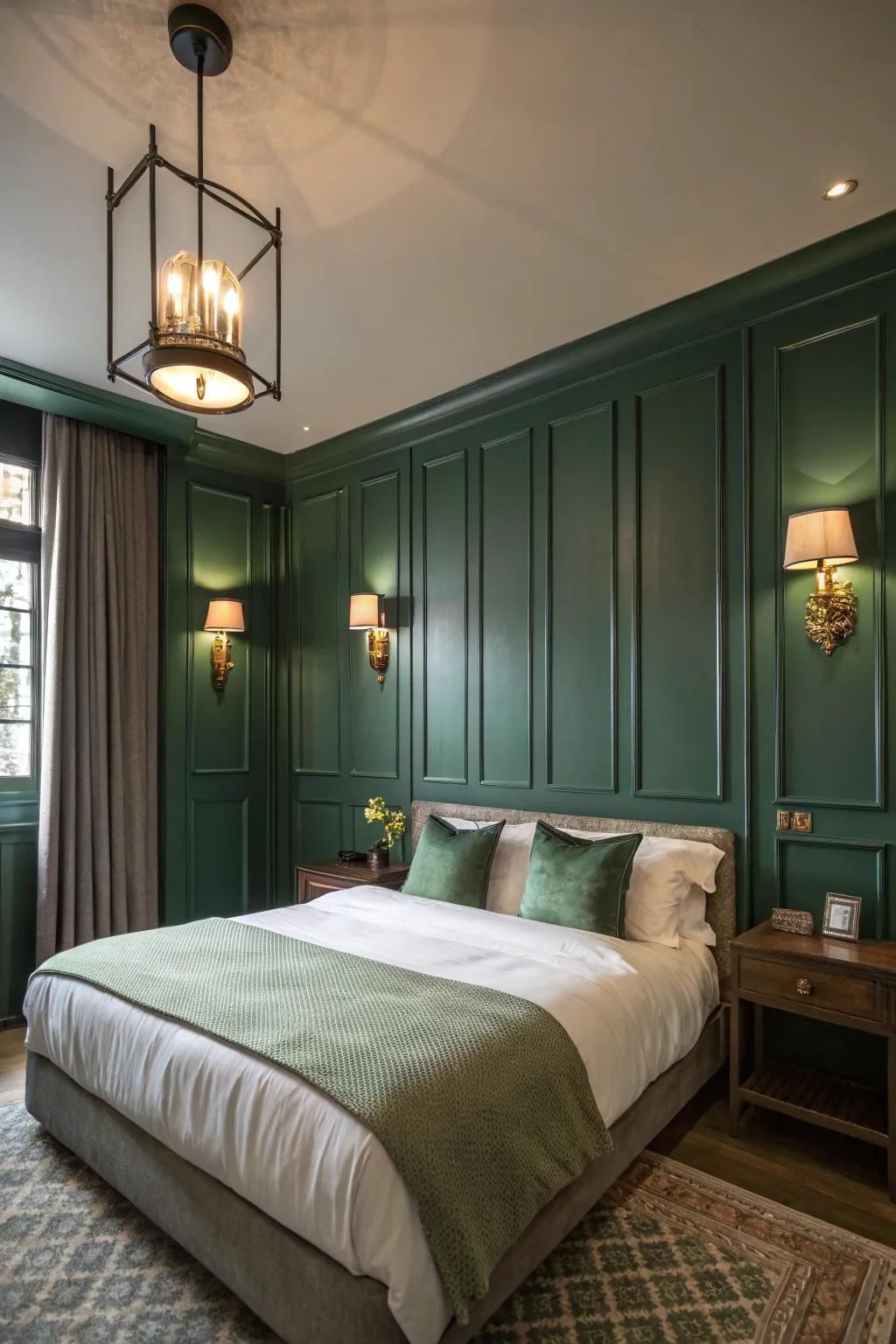 A bedroom with dark green walls and sage green lighting fixtures creating a soothing glow.