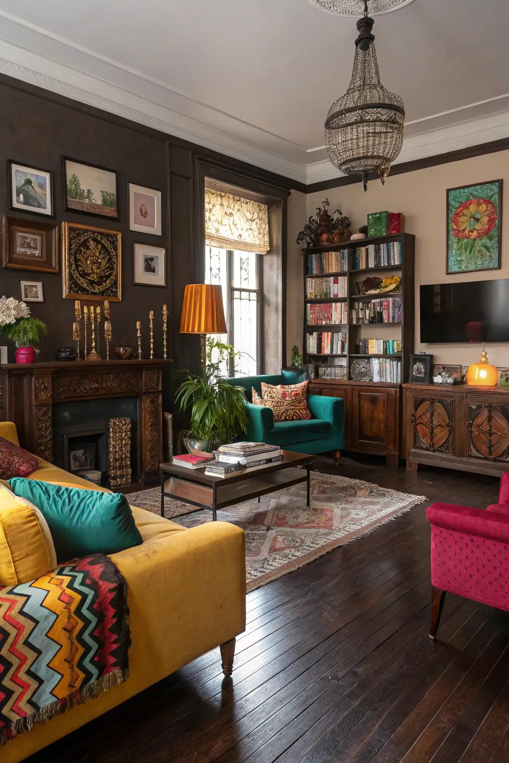 A vibrant, eclectic living room with dark wood floors and funky colors.