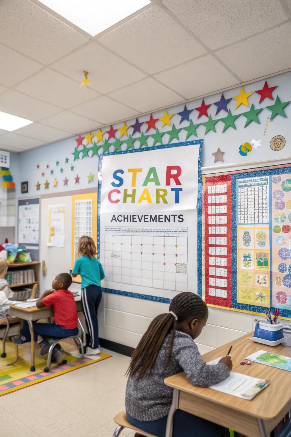 A data wall featuring a star chart for student recognition.