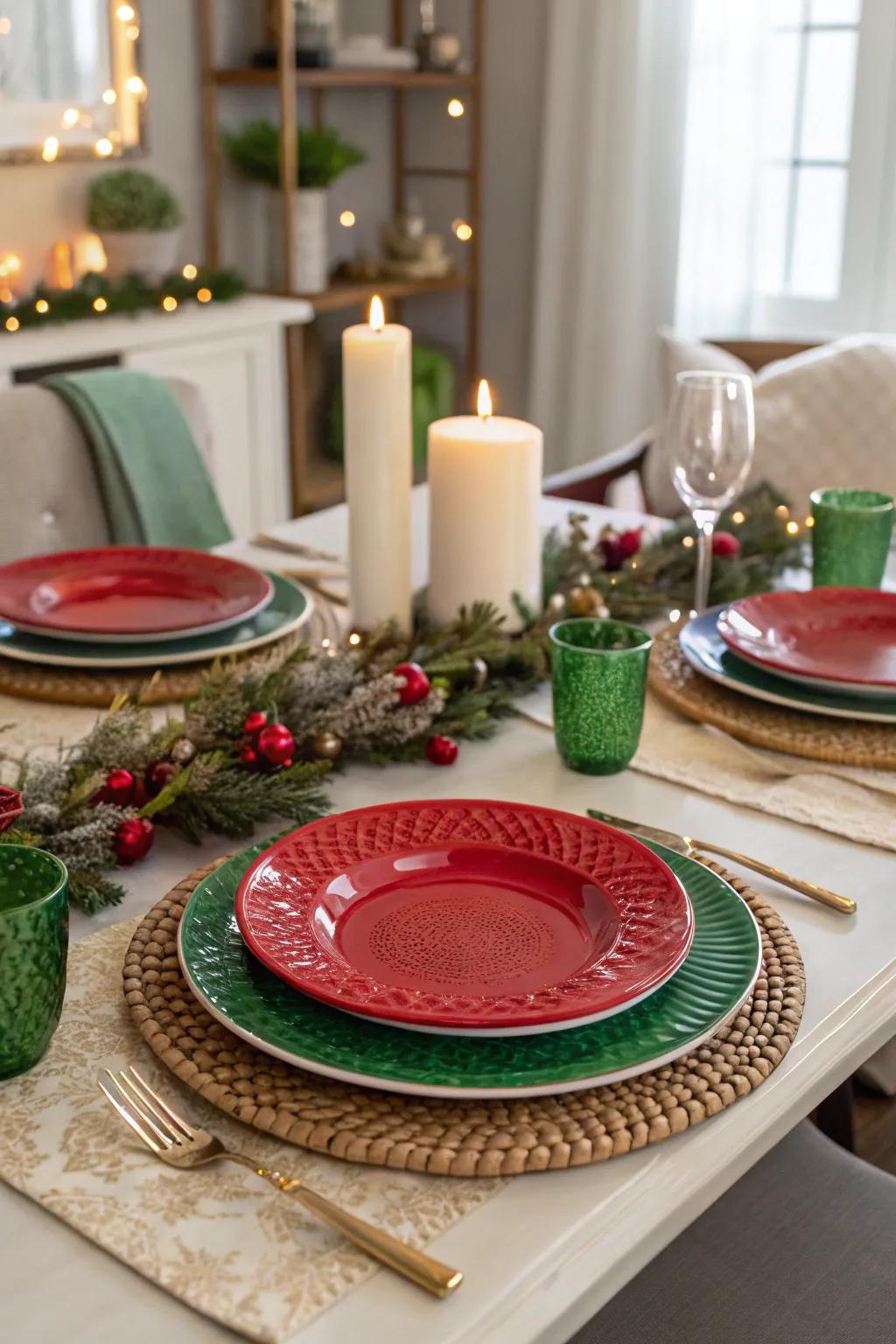 Holiday-themed charger plates perfect for festive gatherings.