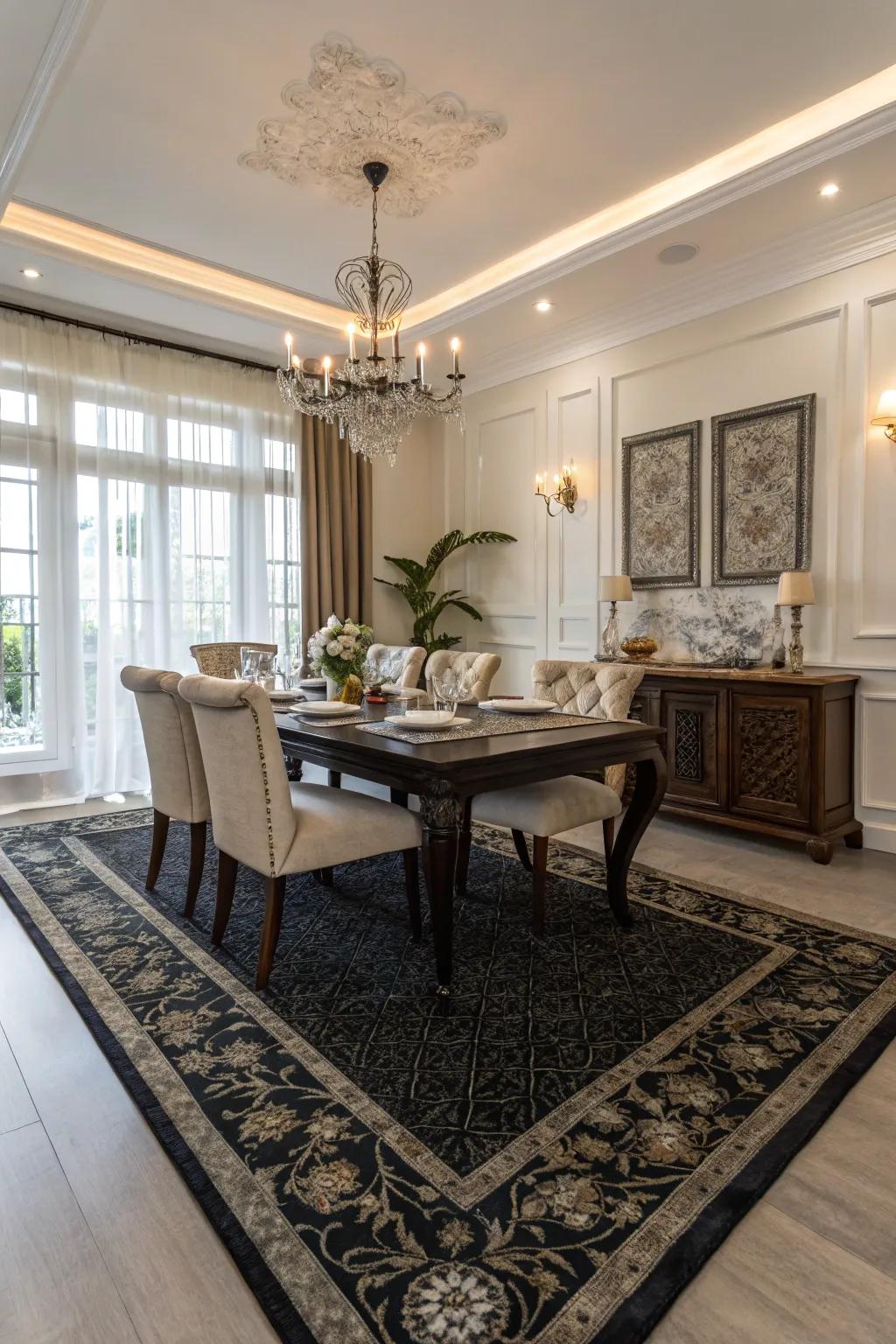 Dark-toned rugs adding drama and sophistication to the dining room.