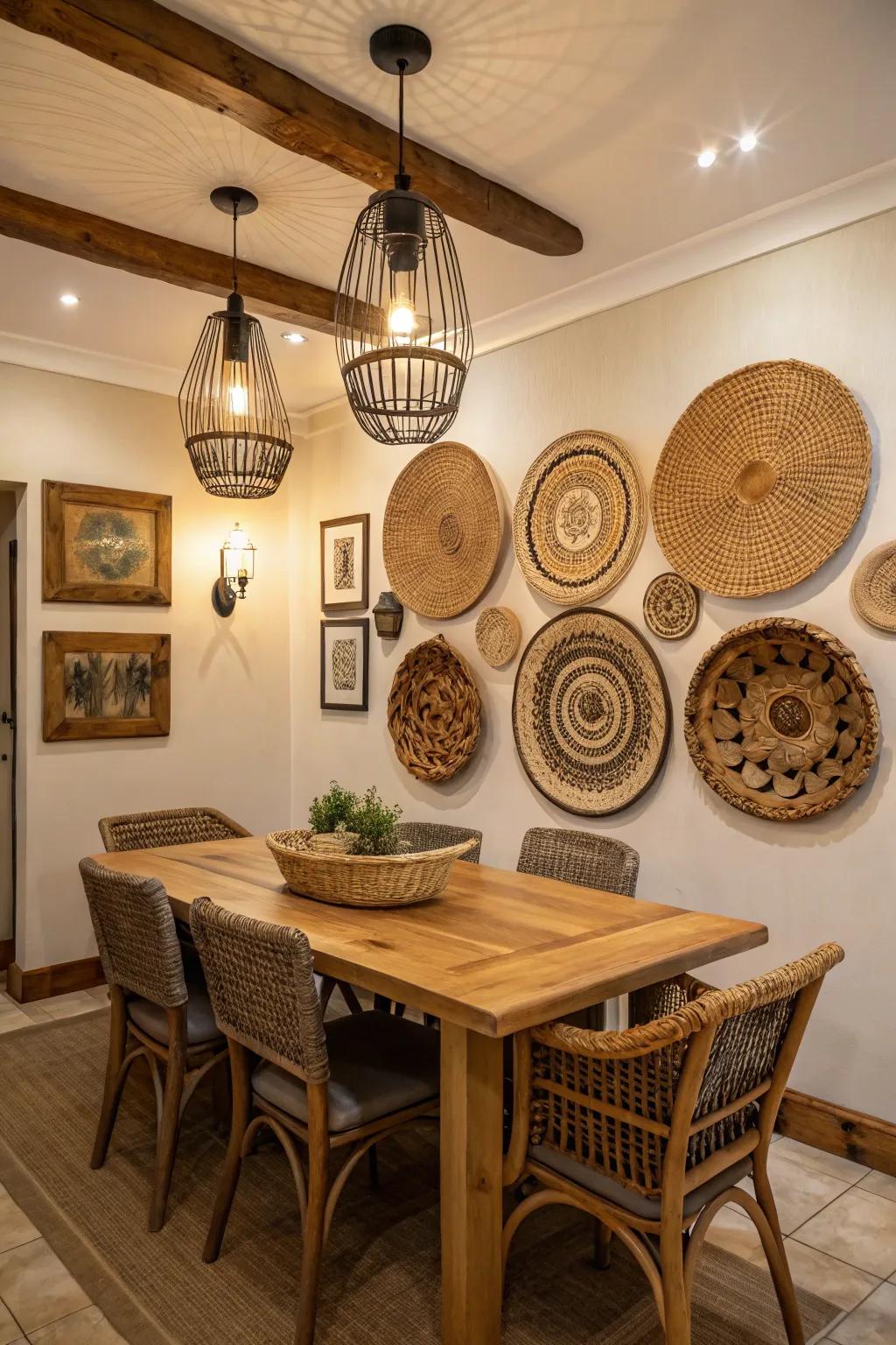 Wall baskets add texture and a global feel to the dining room.