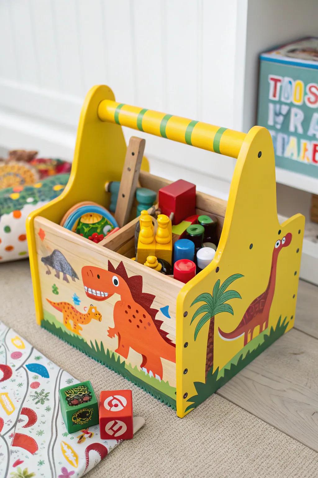 A dinosaur-themed toy caddy ready for playdates.