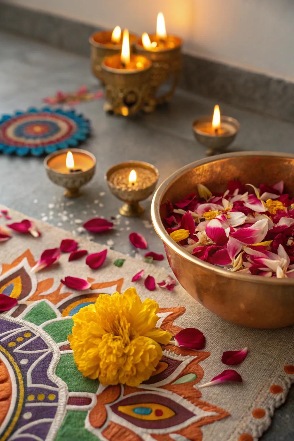 Scented flower petal bowls add an aromatic and festive touch to the table.