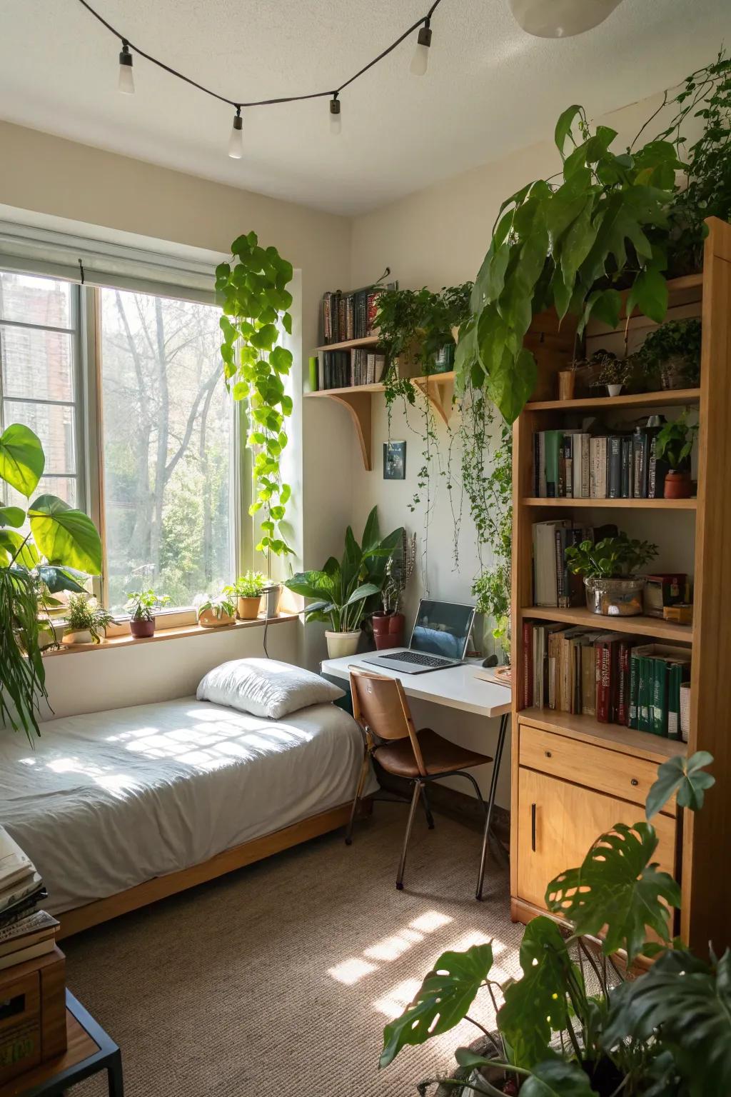 Greenery in a dorm room, bringing freshness and life to the space.